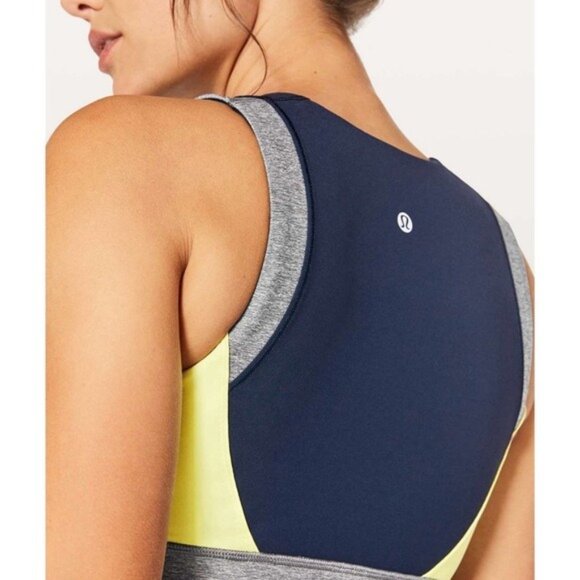 Lululemon Kick Serve Sweat Bra 6 Navy Heathered Slate Lemon Sleeveless Top - Picture 2 of 9